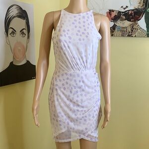 NWT BCBGeneration Mesh Overlay Abstract Polka Dot Mini Dress in White/Purple, 2